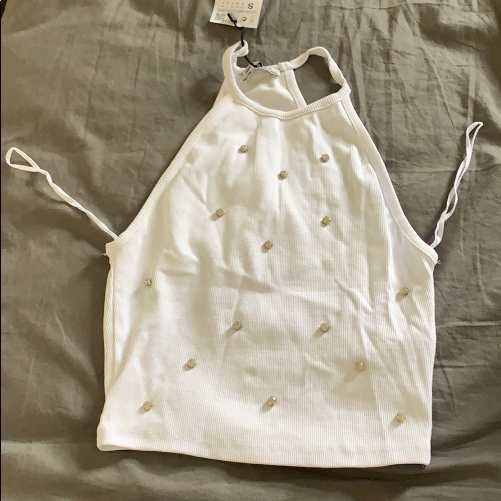 White Zara crop top with jewels.